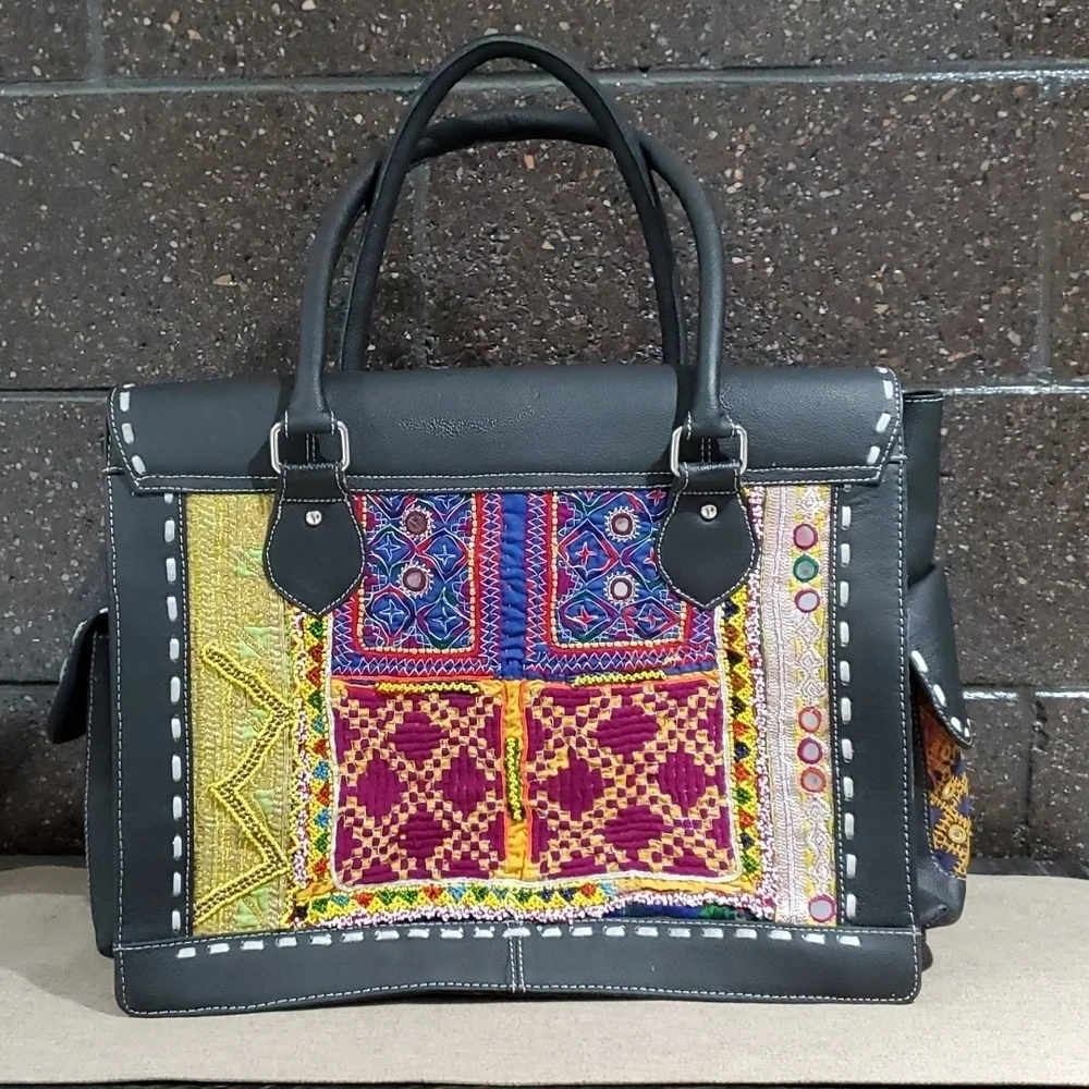 VINTAGE-ADDICTION LARGE  ARTISAN AFGHANISTAN DESIGN TOTE BAG BLACK